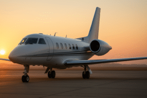 Aircraft insurance: jet on the ramp at sunrise