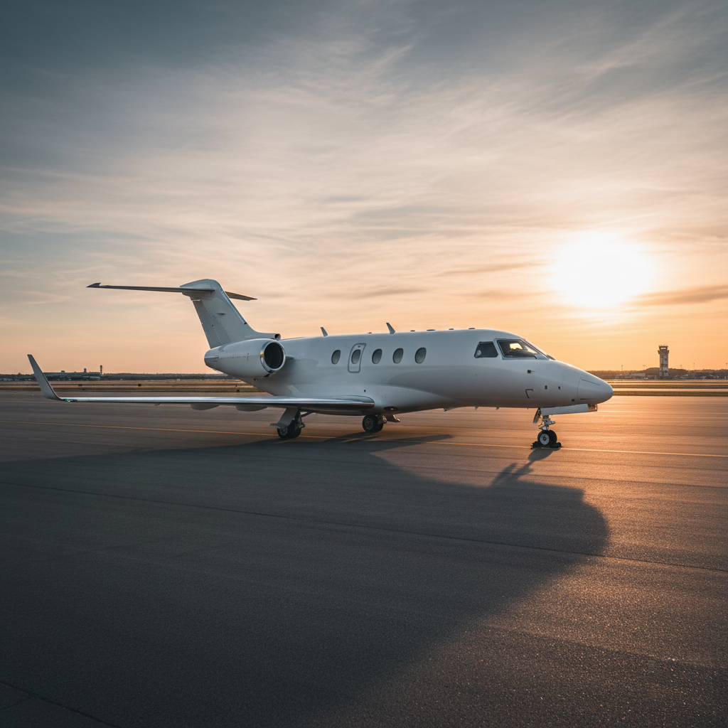 jet on the runway at sunset