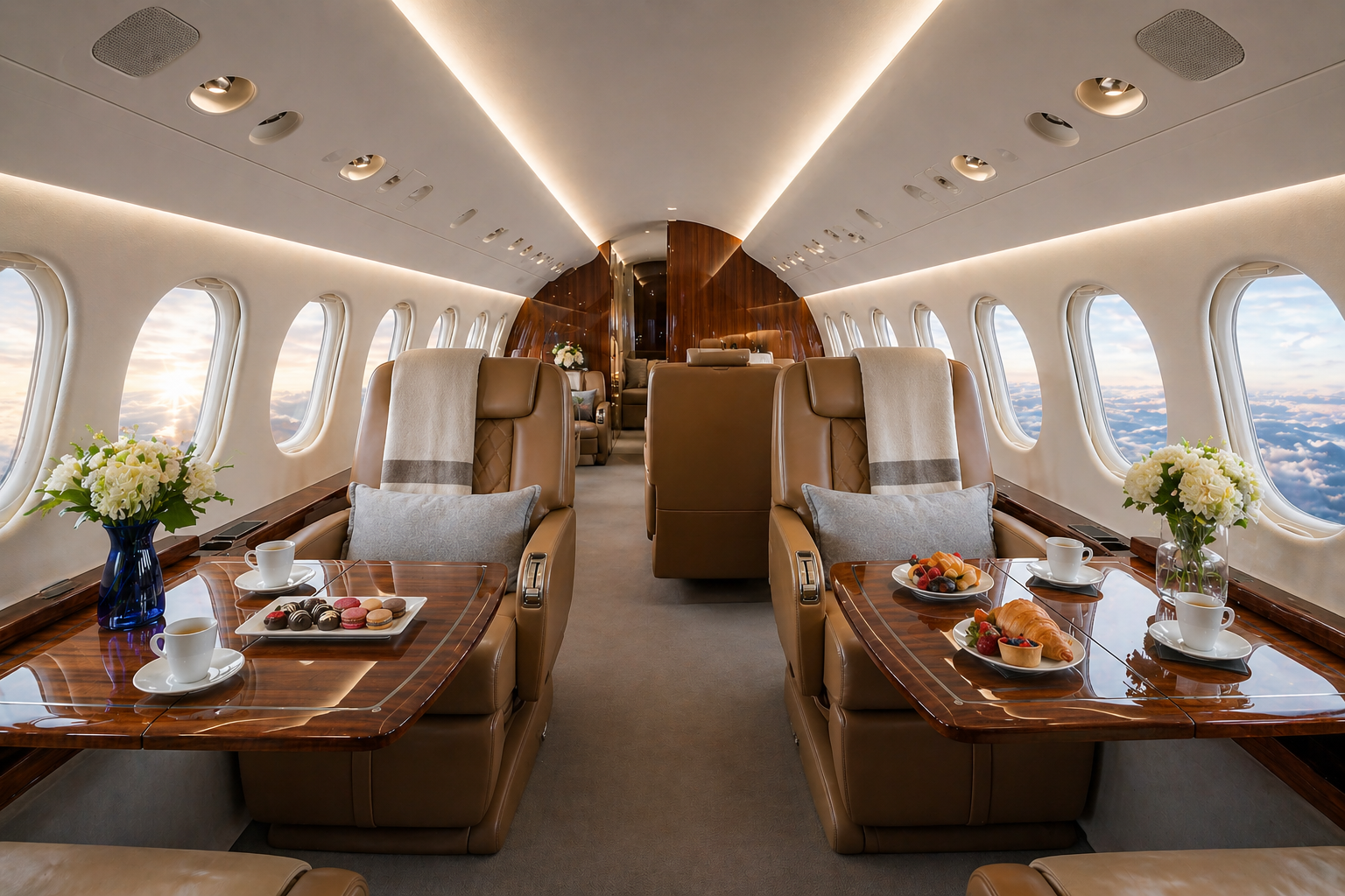 Interior cabin view of a Dassault Falcon 7X business jet