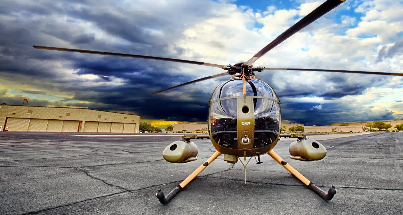 MD helicopter viewed head-on on the tarmac