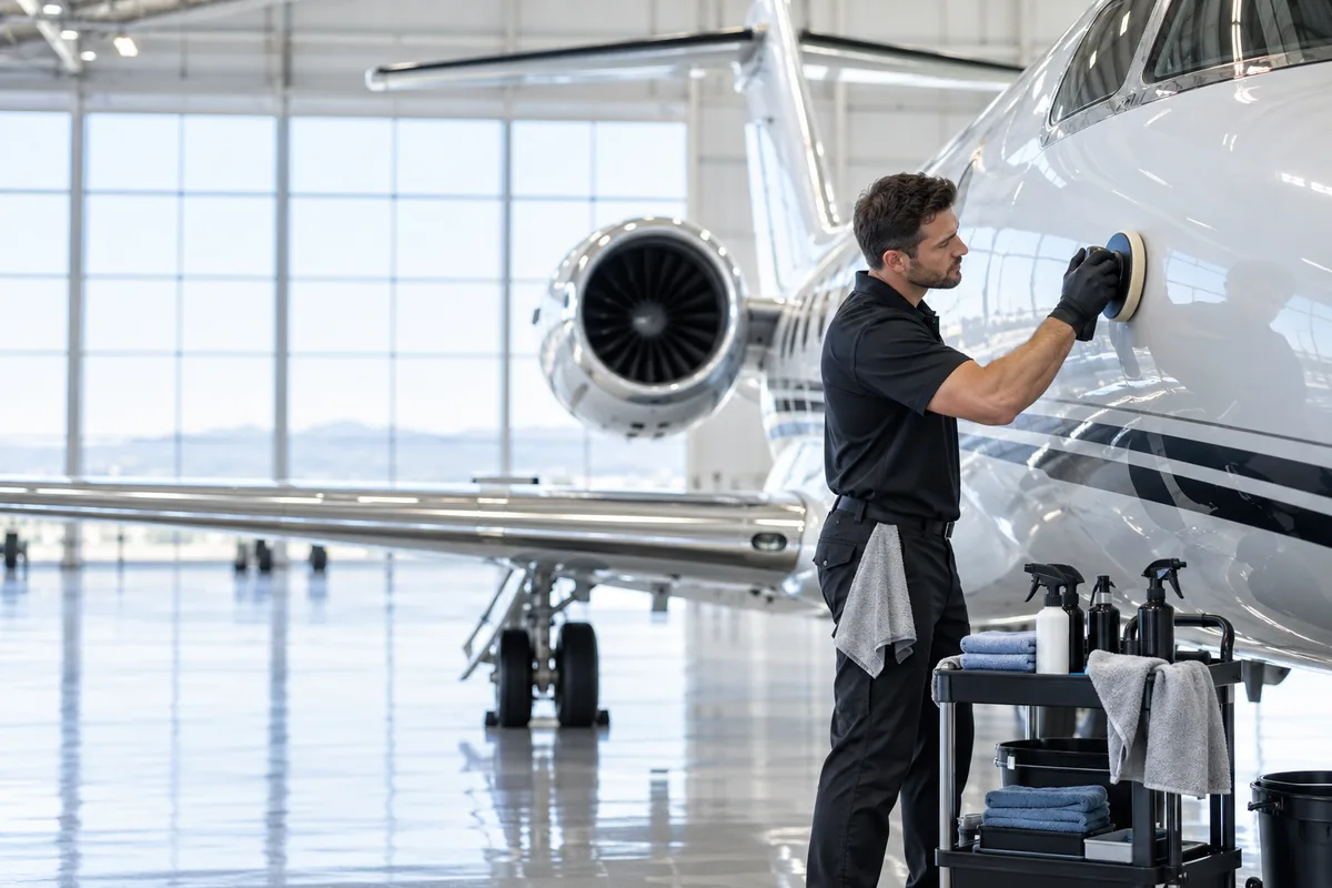 Mobile aircraft detailing professional working on an airplane