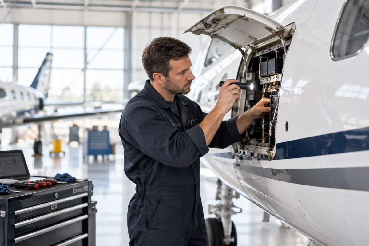 Aircraft mechanic performing maintenance on an airplane