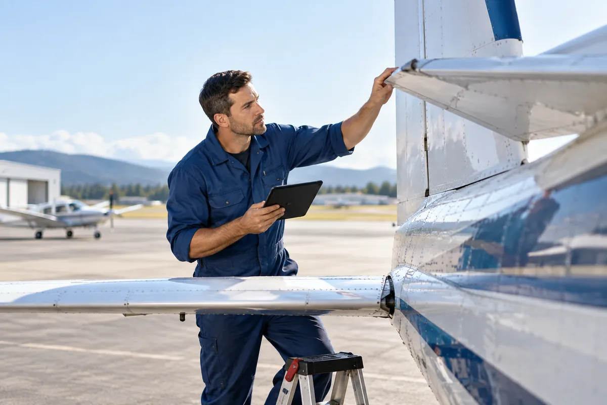 Aircraft mechanic inspecting an airplane