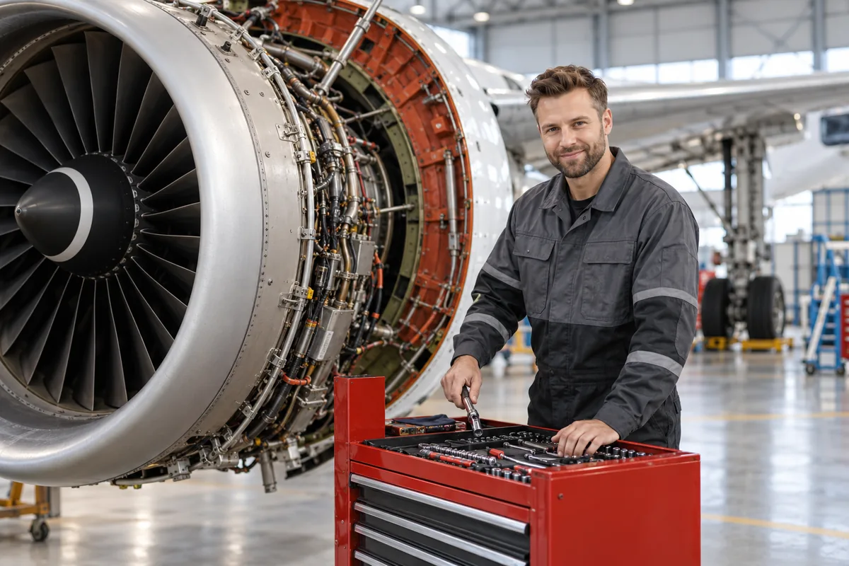 Aircraft maintenance technicians working inside an MRO facility